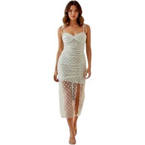 Hello Molly White Polka Dot Ruched Midi Dress Size 6
